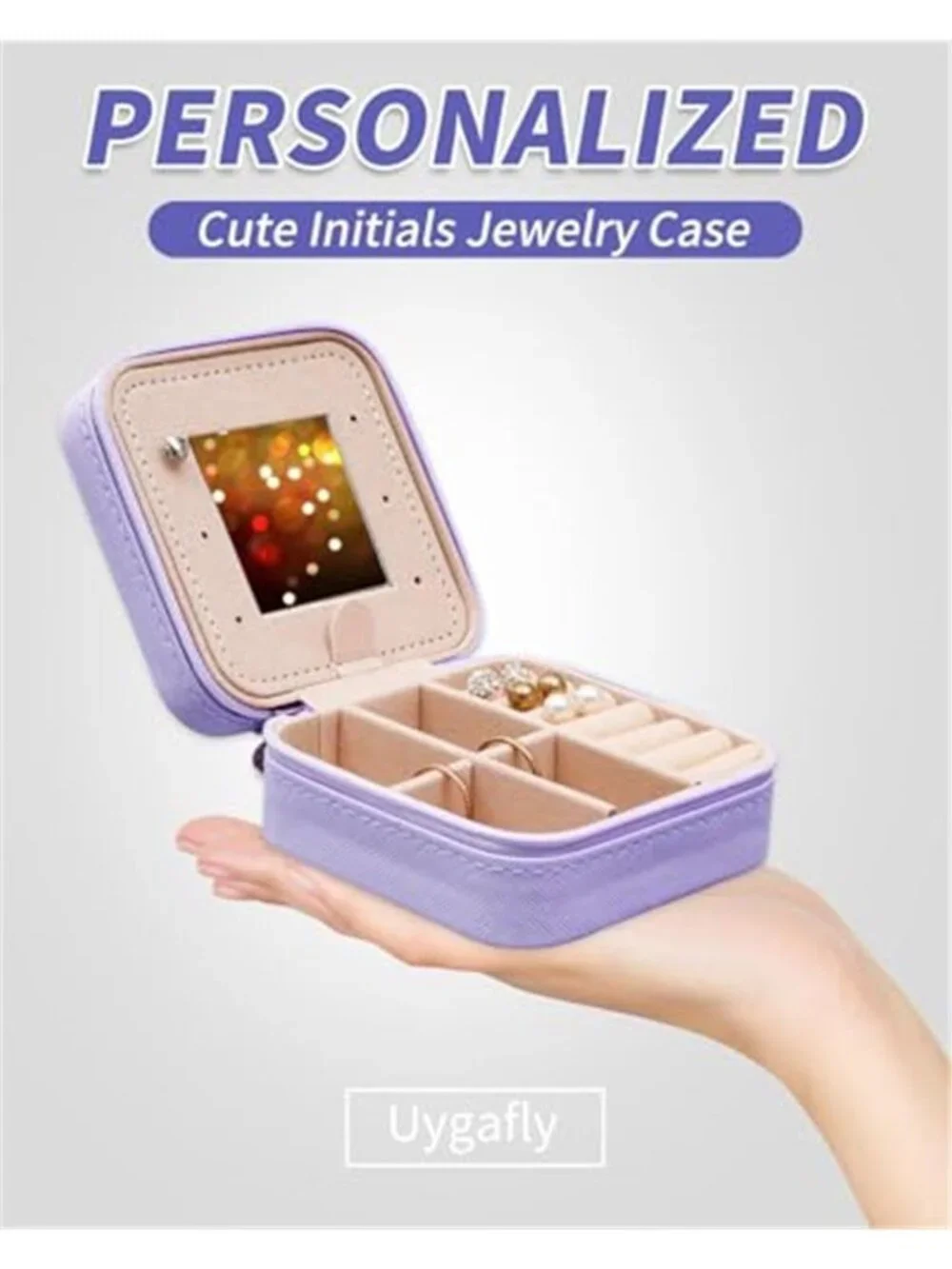 Lavender Travel Jewelry Box Initial K Small Organizer Case Mirror Faux Leather